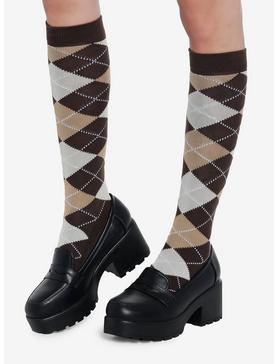 Brown Argyle Knee-High Socks, , hi-res