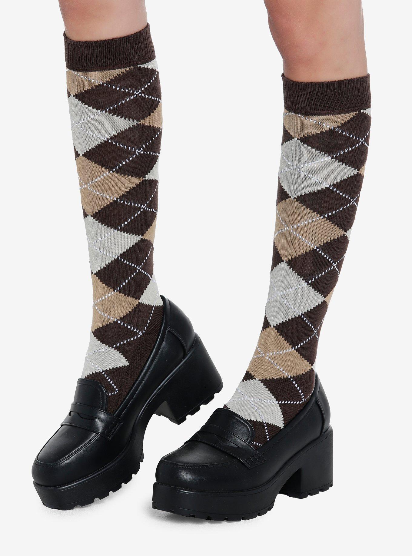 Brown Argyle Knee-High Socks, , hi-res
