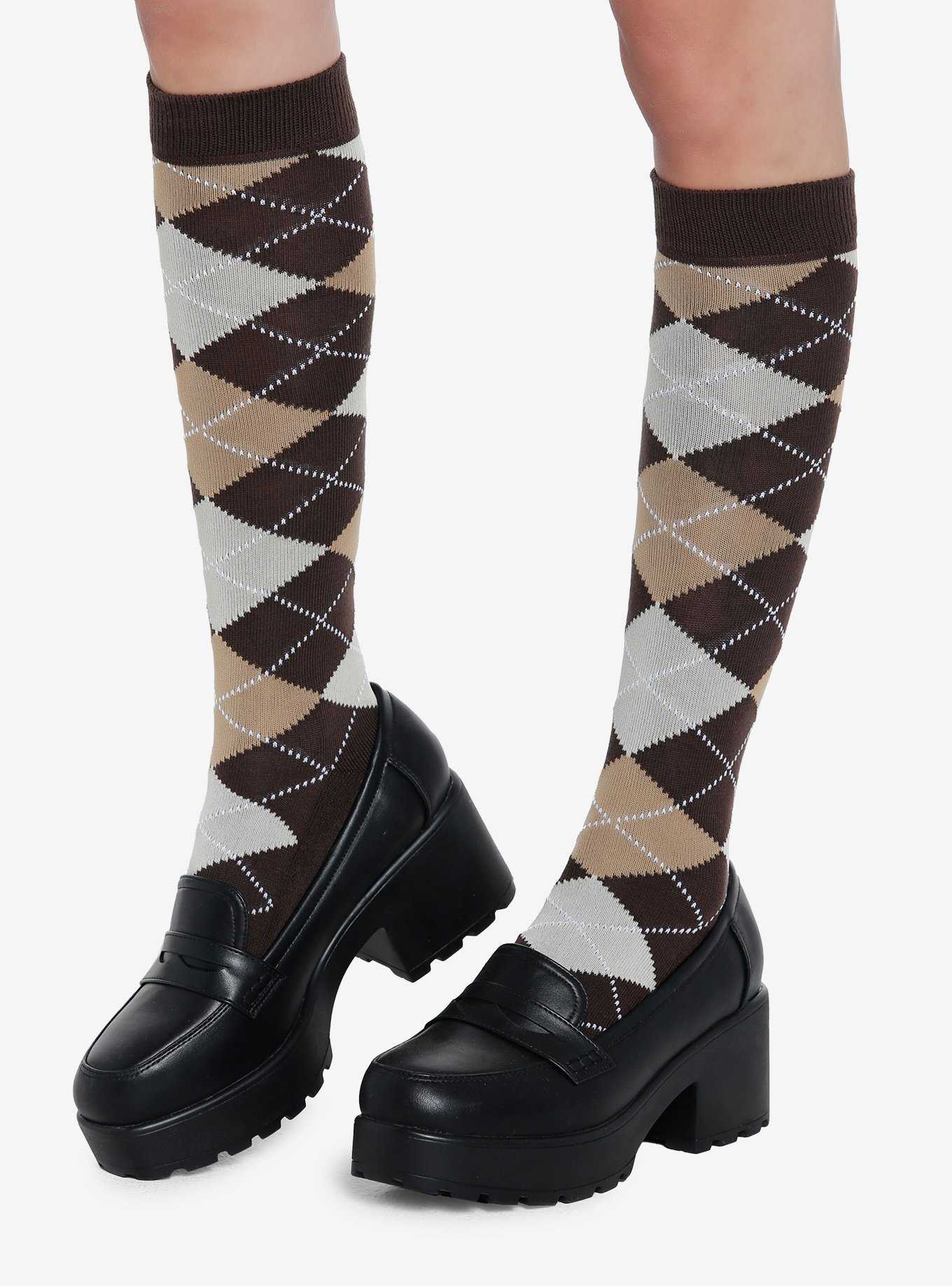 Brown Argyle Knee-High Socks, , hi-res