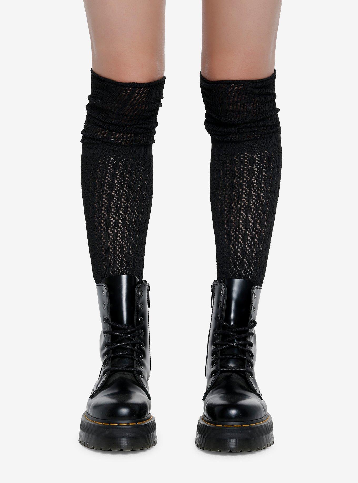 Black Knit Slouch Knee-High Socks, , hi-res