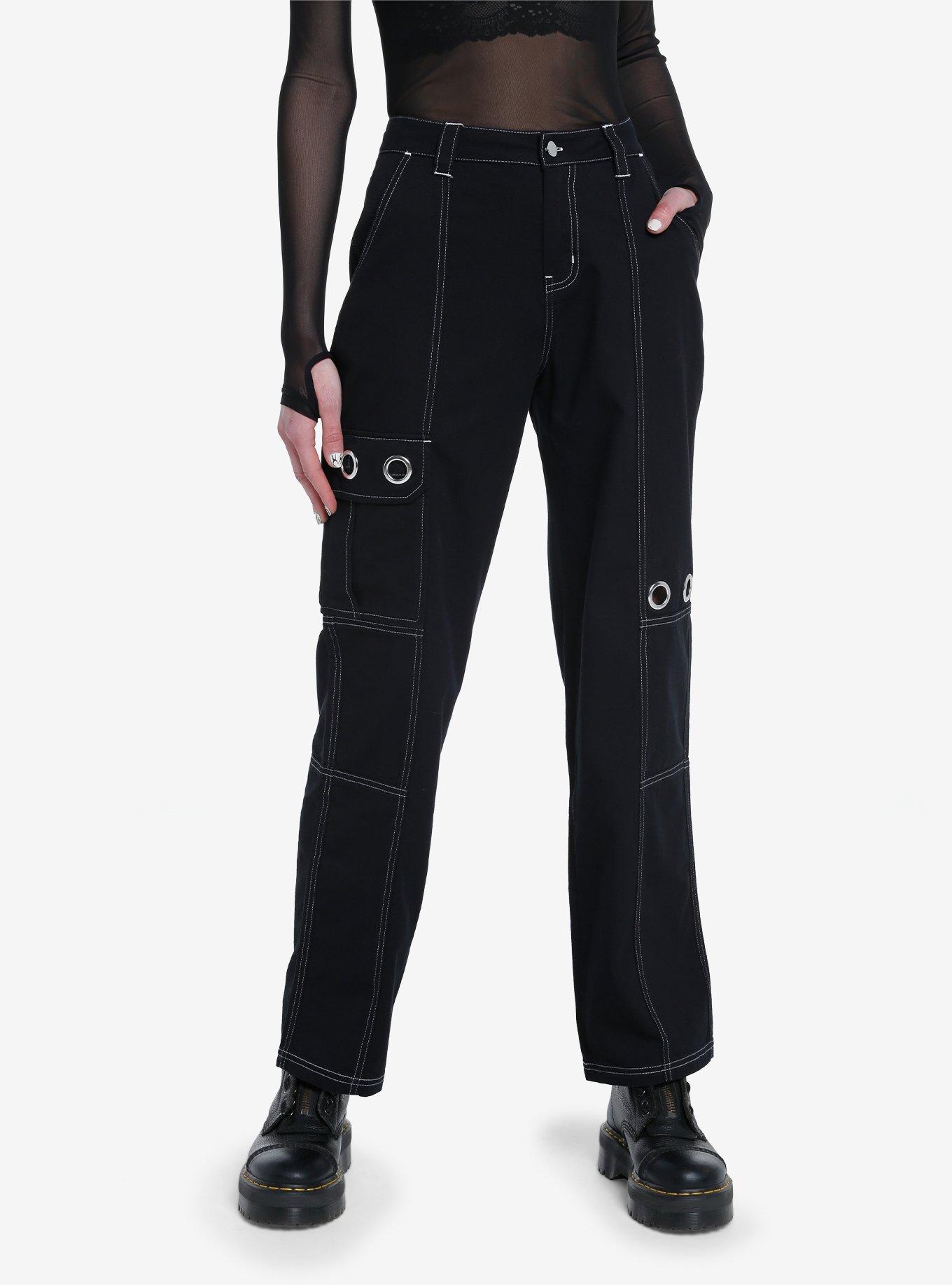 Black White Contrast Grommet Carpenter Pants, BLACK  WHITE, hi-res