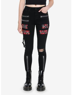 Black Zipper Grommet Super Skinny Jeans, , hi-res