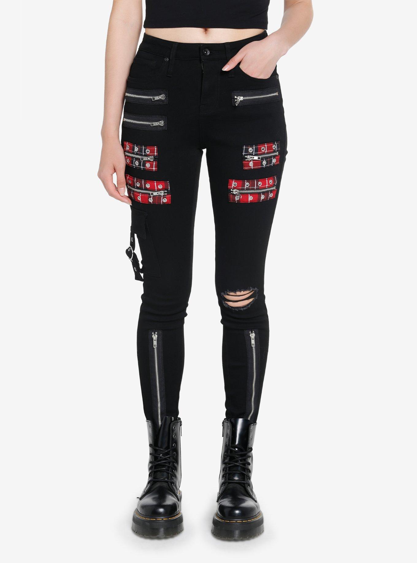 Black Zipper Grommet Super Skinny Jeans, BLACK, hi-res