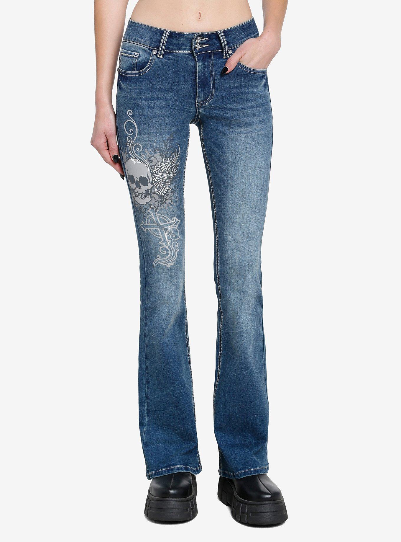 Winged Skull Cross Flare Denim Pants, INDIGO, hi-res