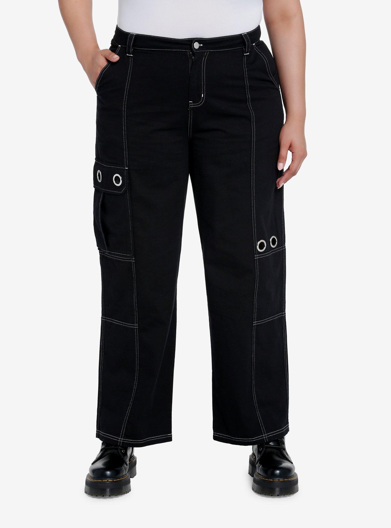 Black White Contrast Grommet Carpenter Pants Plus Size, BLACK  WHITE, hi-res