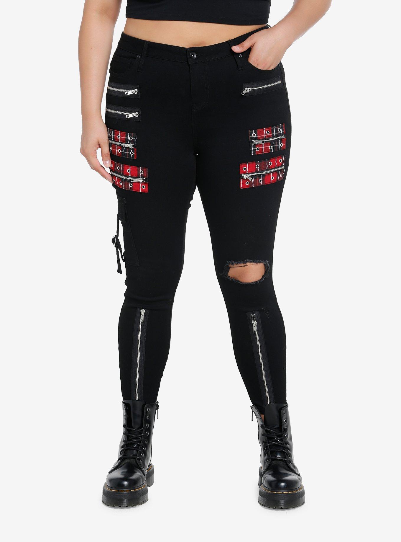 Black Zipper Grommet Super Skinny Jeans Plus Size, BLACK, hi-res