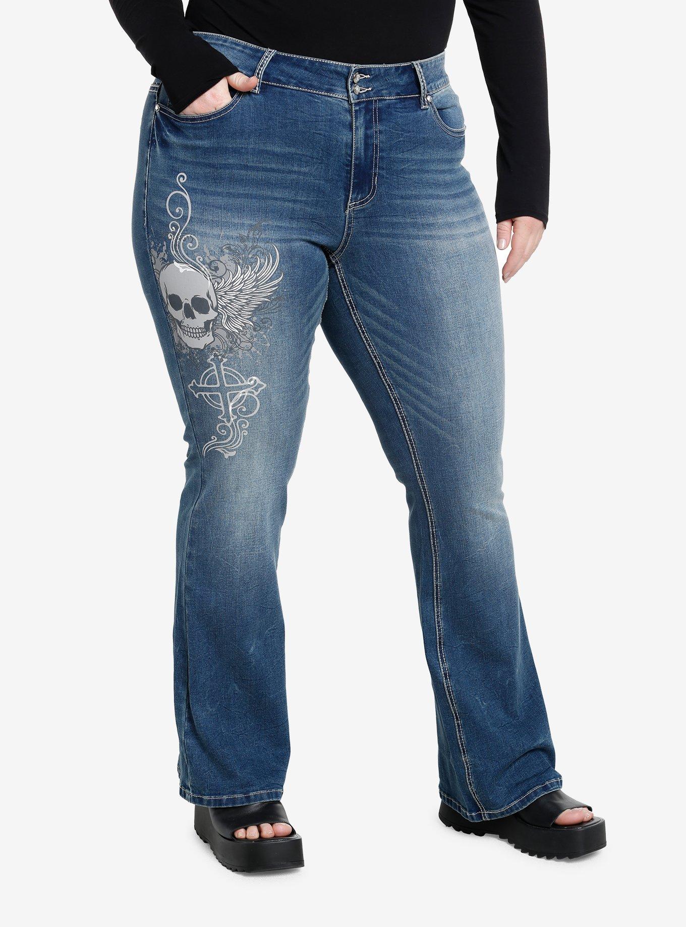 Winged Skull Cross Flare Denim Pants Plus Size, INDIGO, hi-res