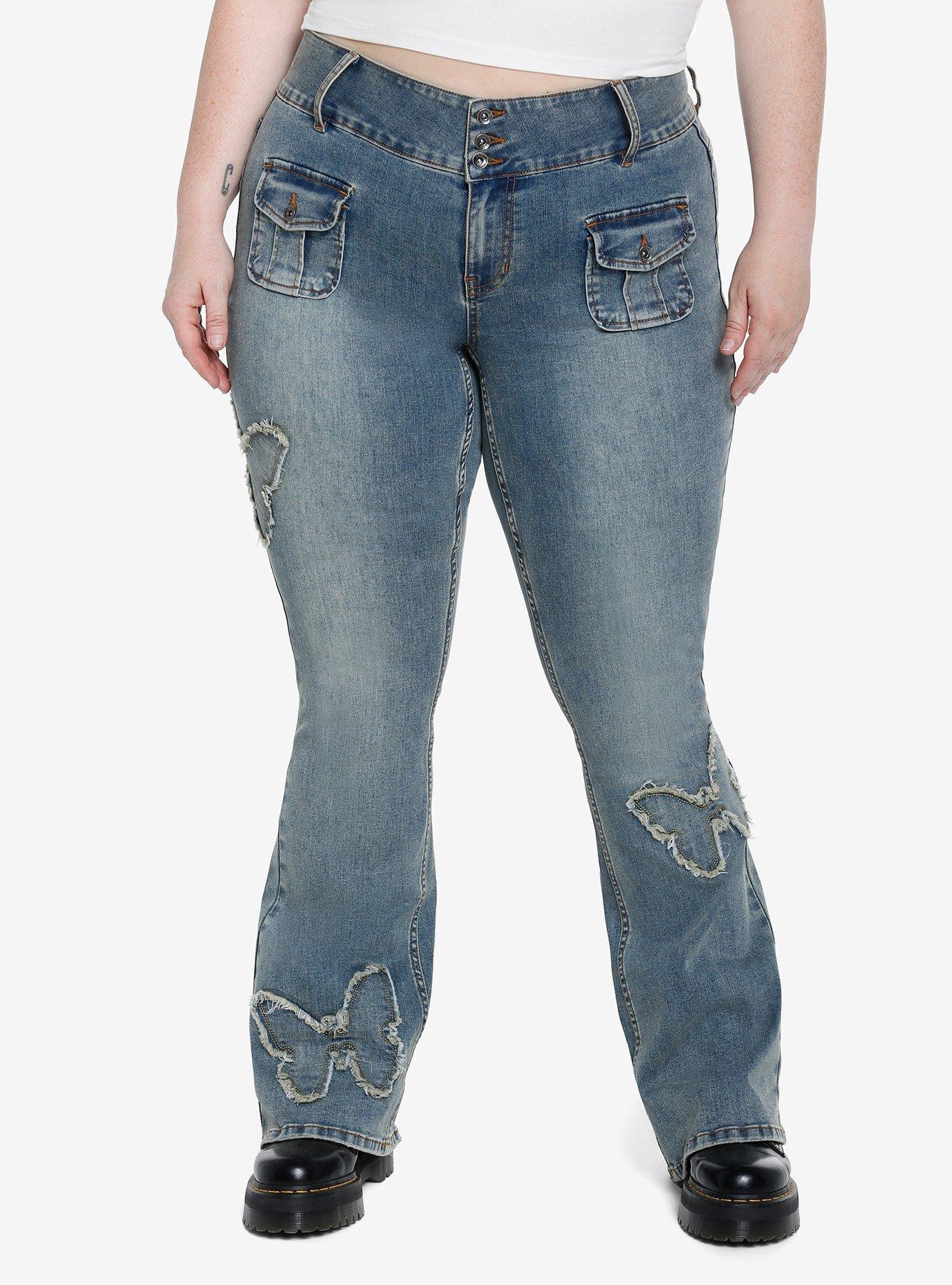 Women's High-Rise Medium Wash Butterfly Patch Flare Jeans