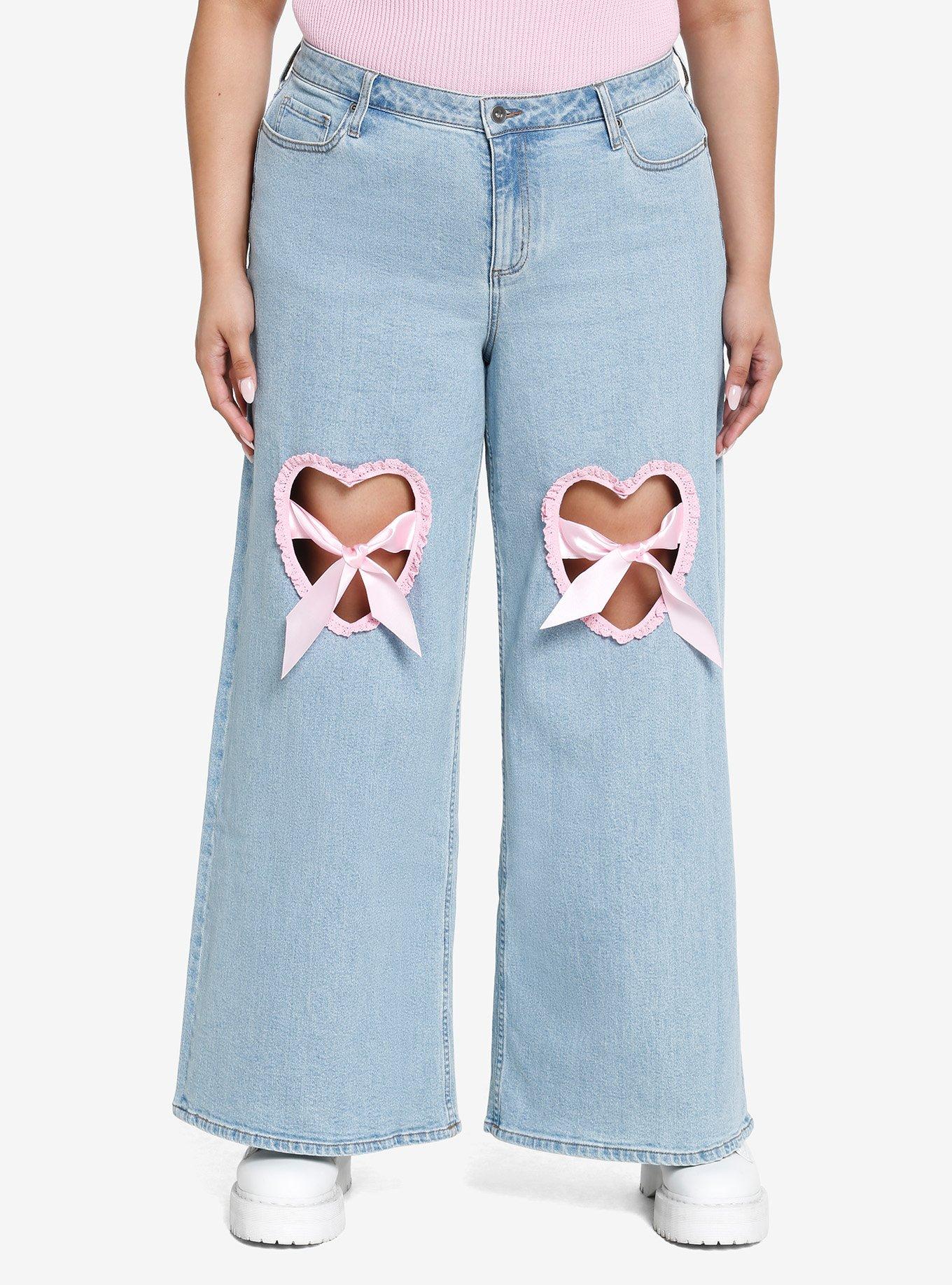 Pink Ruffle Heart Wide Leg Denim Pants Plus Size