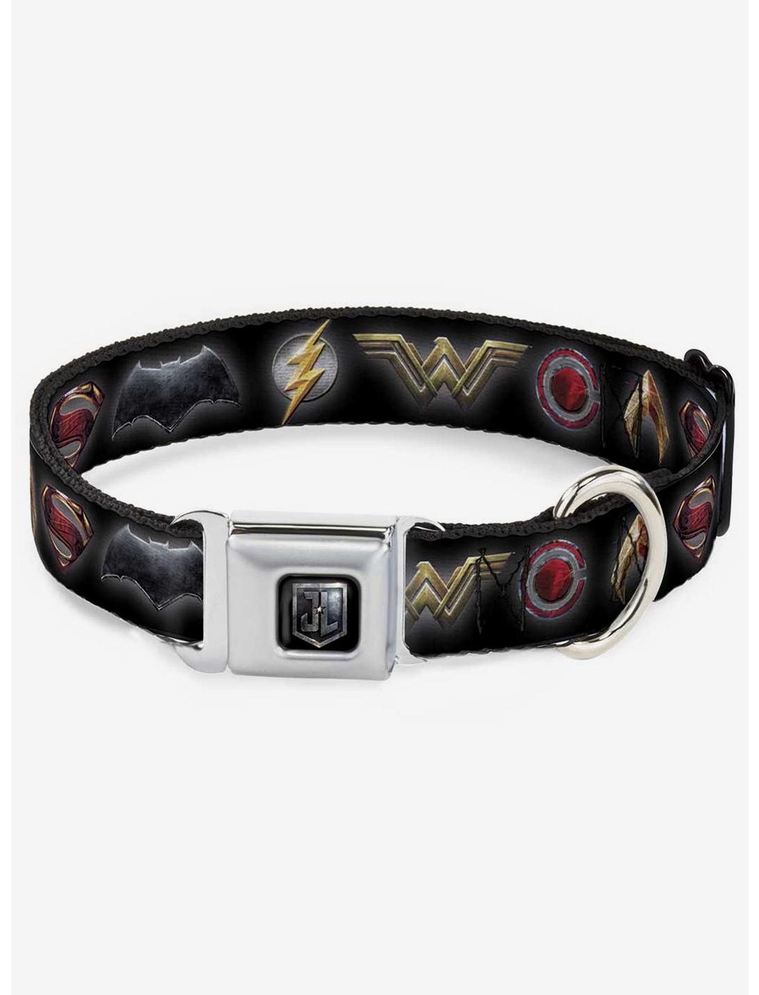 DC Comics Justice League 2017 6 Superhero Icons Seatbelt Buckle Dog Collar, BLACK, hi-res