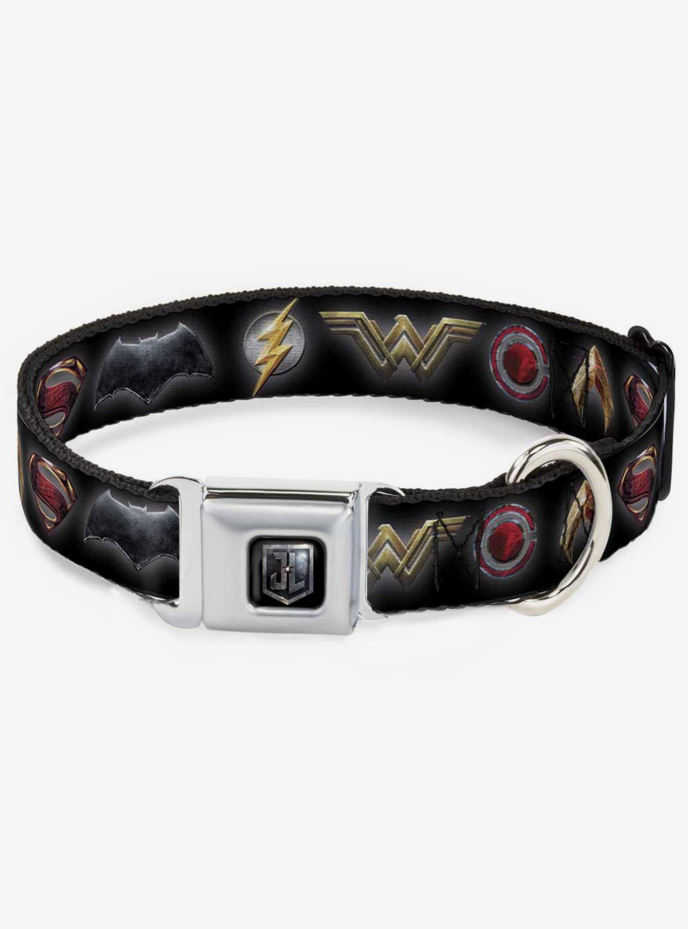 DC Comics Justice League 2017 6 Superhero Icons Seatbelt Buckle Dog Collar, BLACK, hi-res