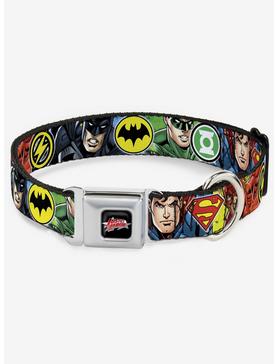 DC Comics Justice League 4 Superhero Close Up Poses Logos Seatbelt Buckle Dog Collar, , hi-res
