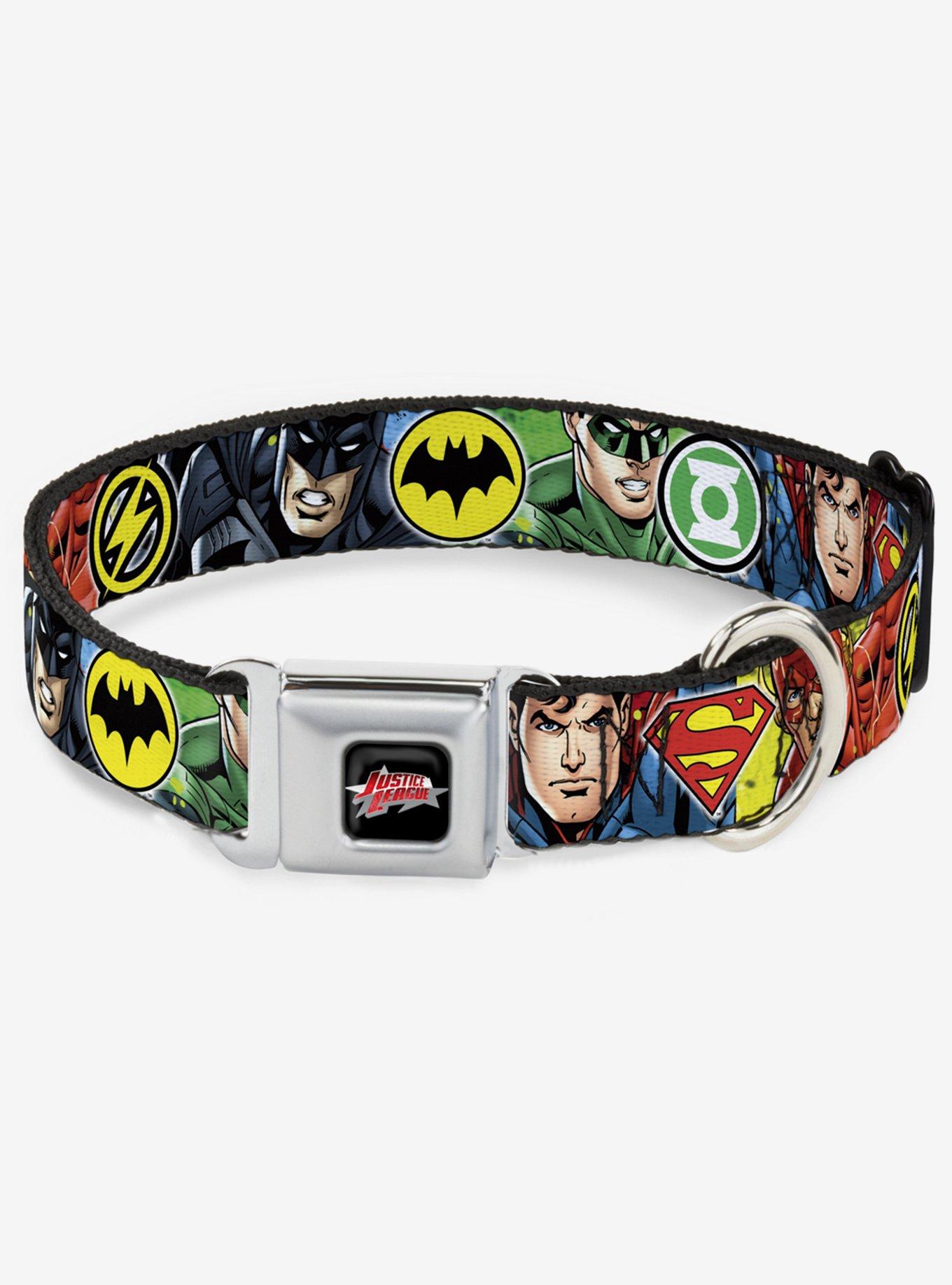 DC Comics Justice League 4 Superhero Close Up Poses Logos Seatbelt Buckle Dog Collar, MULTICOLOR, hi-res