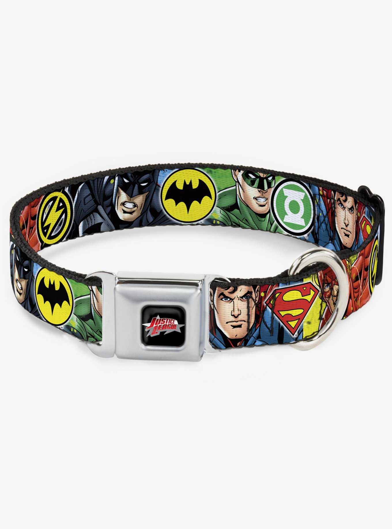 DC Comics Justice League 4 Superhero Close Up Poses Logos Seatbelt Buckle Dog Collar, , hi-res