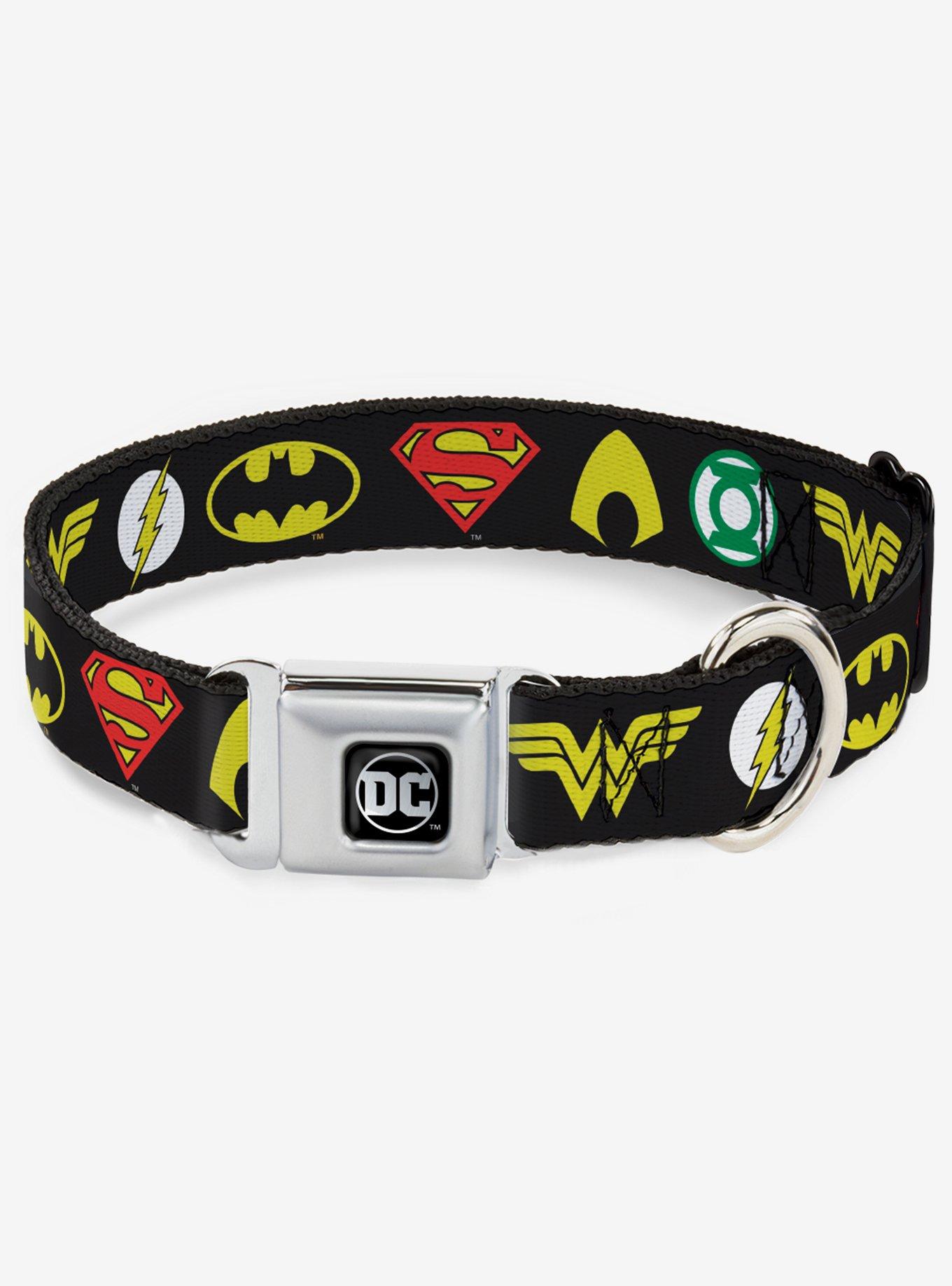 DC Comics Justice League 6 Superhero Logos Seatbelt Buckle Dog Collar, BLACK, hi-res