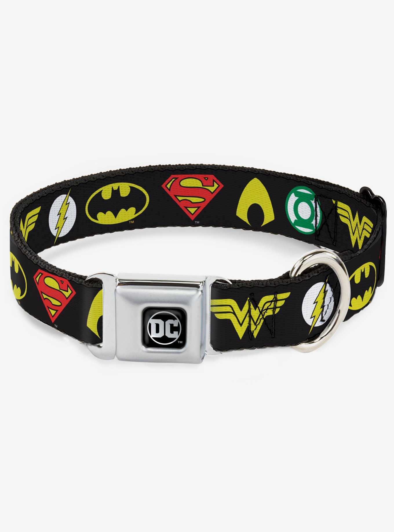 DC Comics Justice League 6 Superhero Logos Seatbelt Buckle Dog Collar, , hi-res