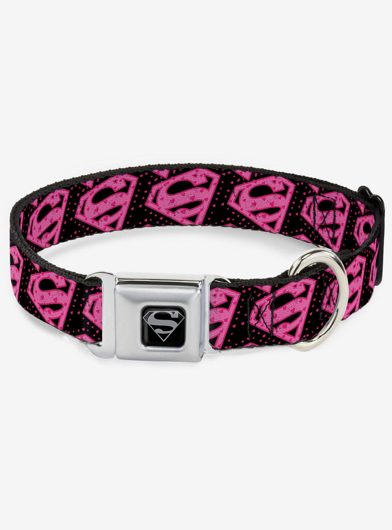 DC Comics Justice League Diagonal Superman Hearts Seatbelt Buckle Dog Collar, BLACK, hi-res