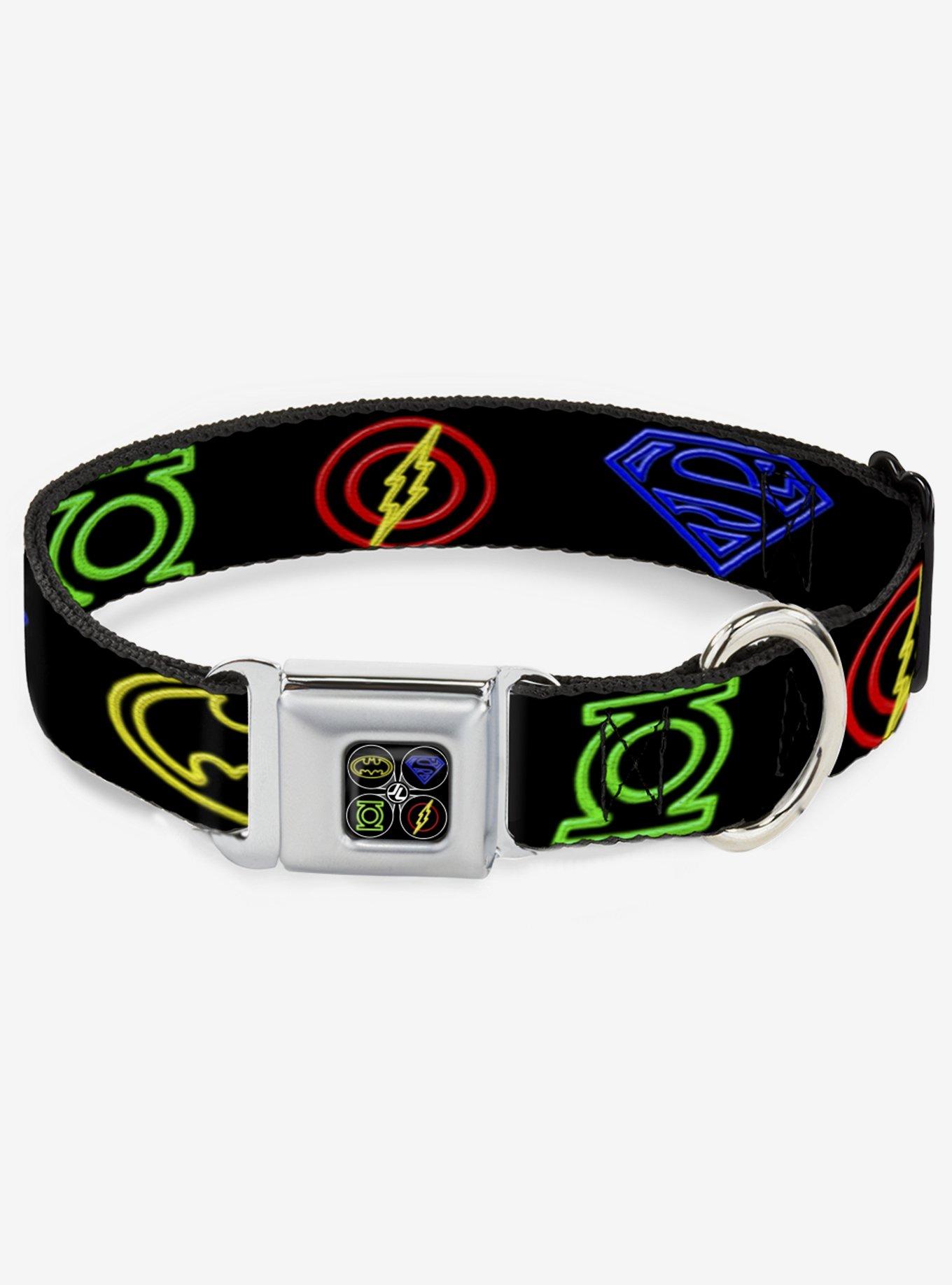 DC Comics Justice League Electric Logos Seatbelt Buckle Dog Collar, BLACK, hi-res