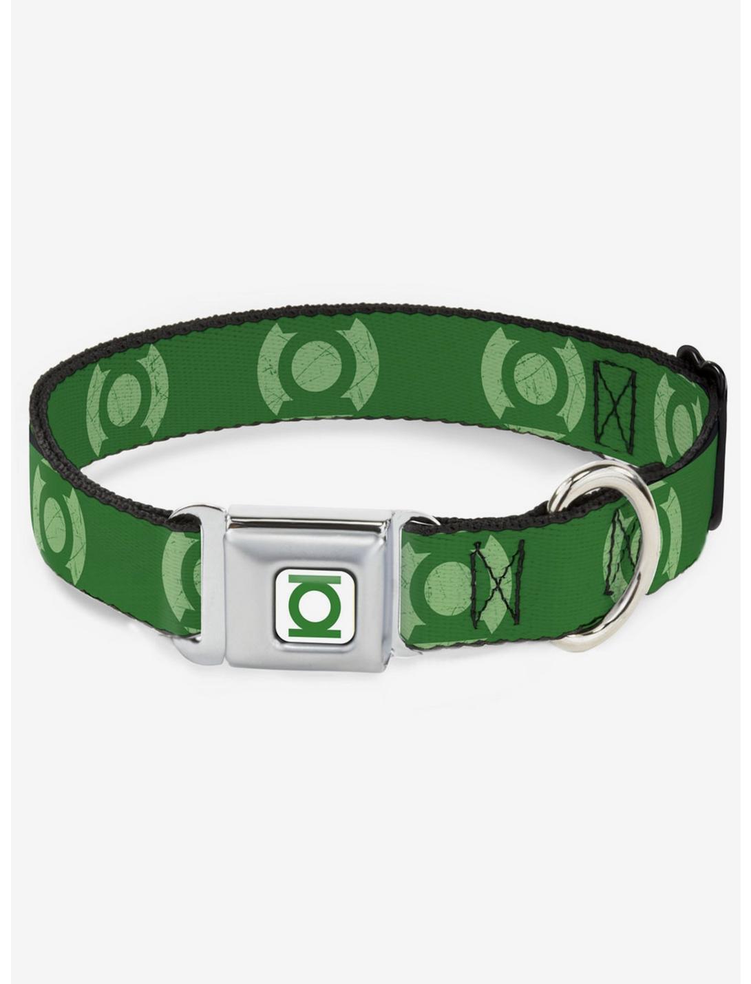 DC Comics Justice League Green Lantern Logo Weathered Greens Seatbelt Buckle Dog Collar, GREEN, hi-res