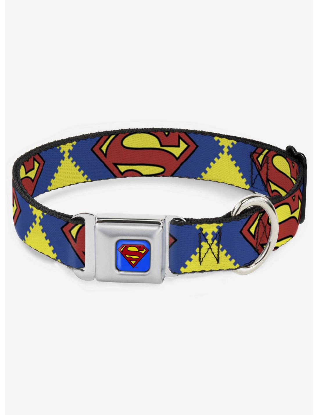 DC Comics Justice League Jagged Superman Shield Close Up Seatbelt Buckle Dog Collar, MULTICOLOR, hi-res