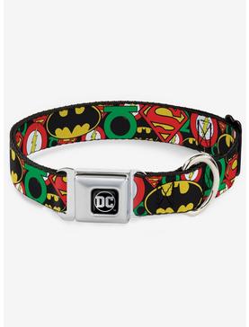 DC Comics Justice League Stacked Logos Seatbelt Buckle Dog Collar, , hi-res