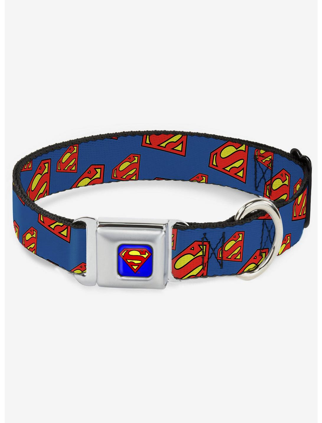 DC Comics Justice League Super Shield Diagonal Royal Seatbelt Buckle Dog Collar, BLUE, hi-res