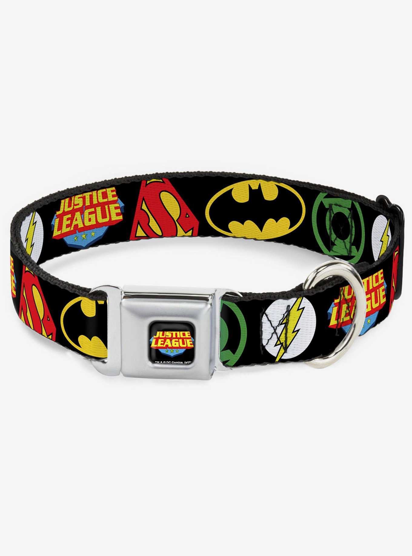 DC Comics Justice League Superhero Logos Close Up Black Seatbelt Buckle Dog Collar, , hi-res