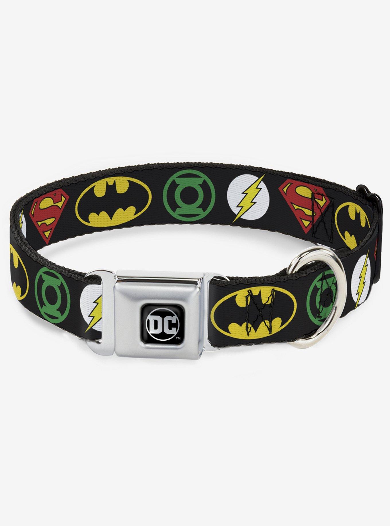 DC Comics Justice League Superhero Logos Seatbelt Buckle Dog Collar, MULTICOLOR, hi-res