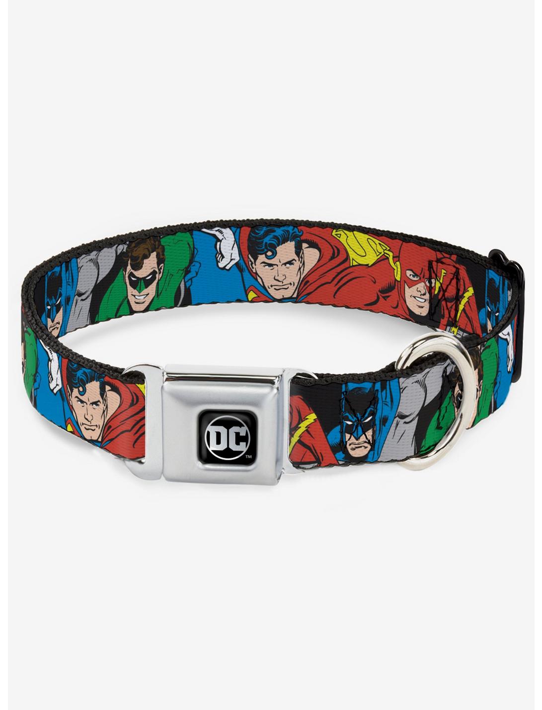 DC Comics Justice League Superheroes Close Up New Seatbelt Buckle Dog Collar, MULTICOLOR, hi-res