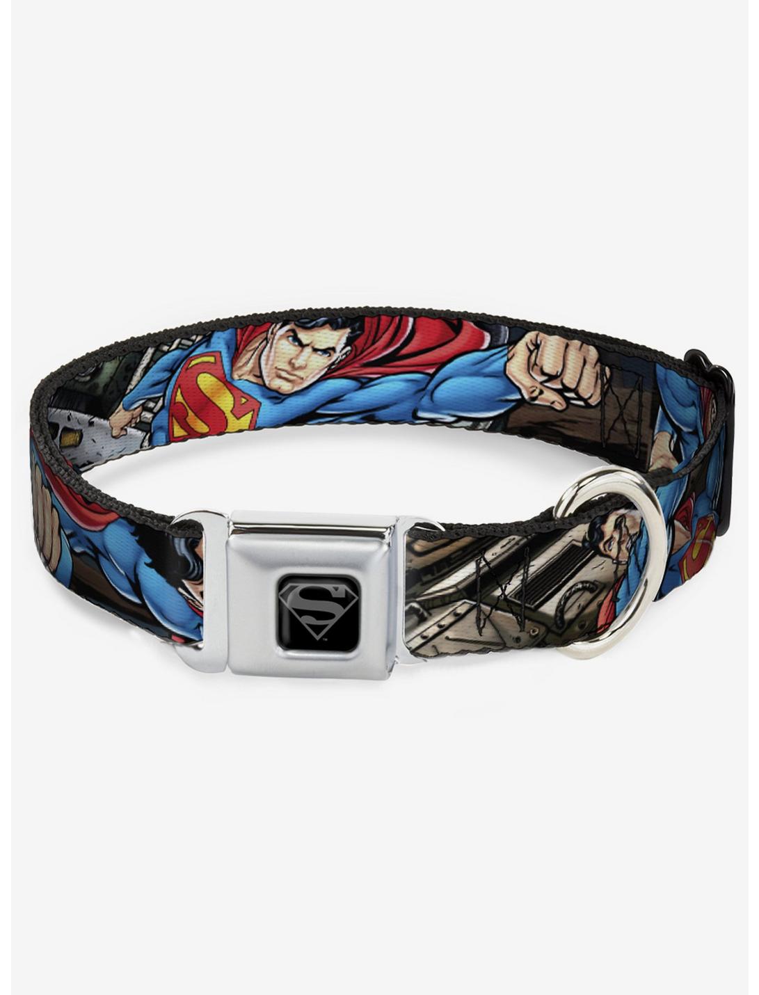 DC Comics Justice League Superman Metropolis Face Off Seatbelt Buckle Dog Collar, MULTICOLOR, hi-res