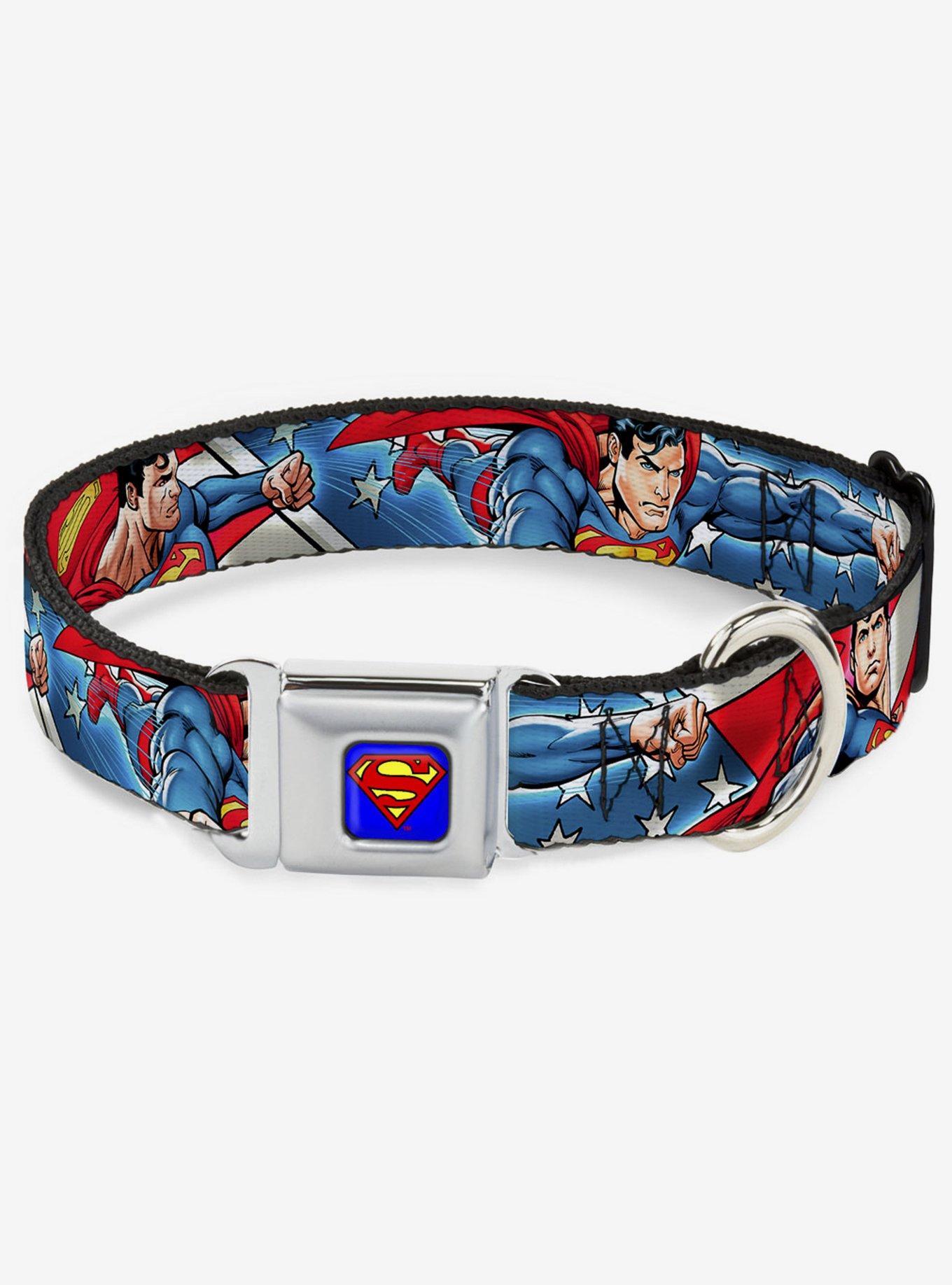 DC Comics Justice League Superman Action Poses Stars Stripes Seatbelt Buckle Dog Collar, MULTICOLOR, hi-res