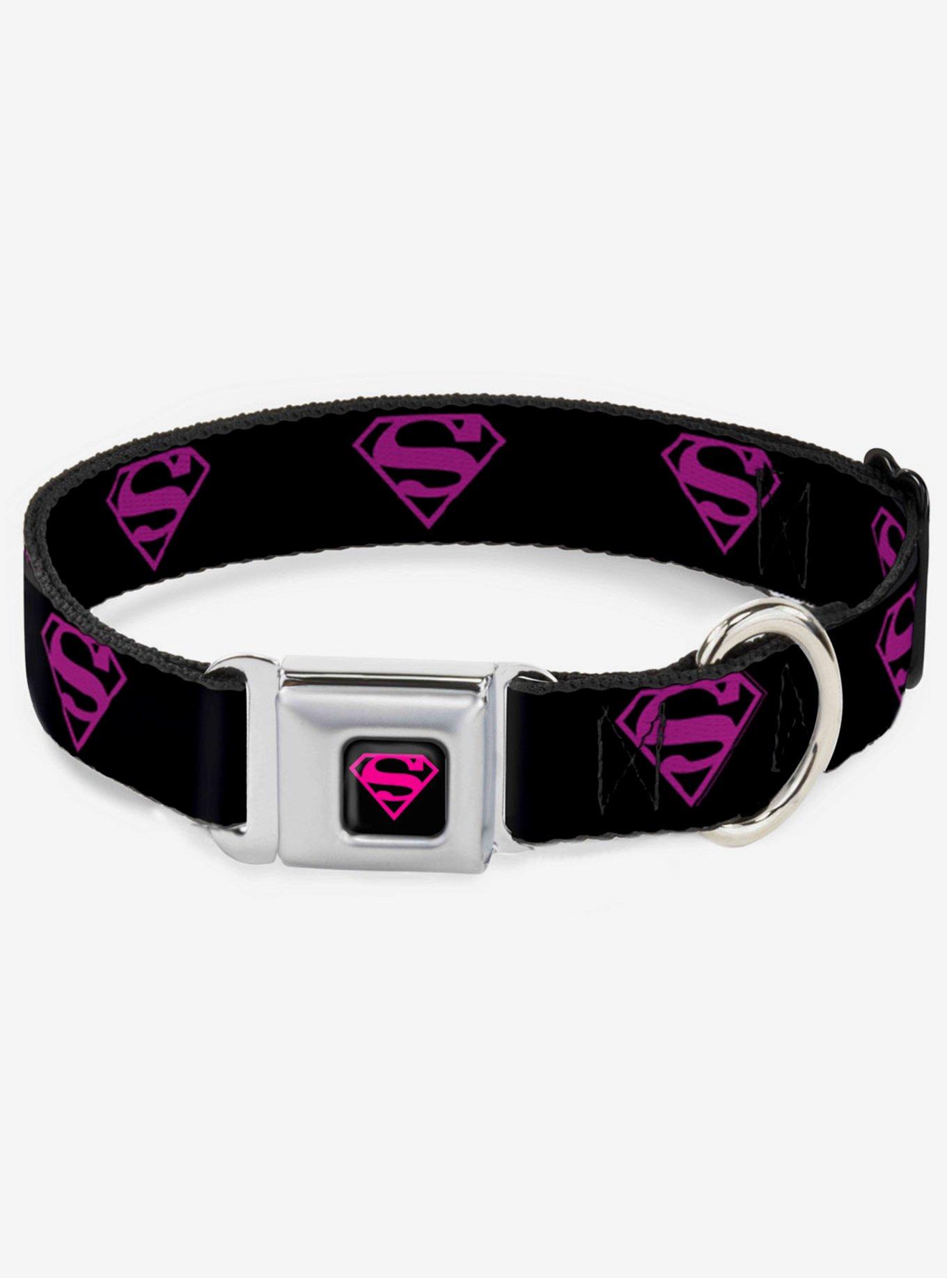 DC Comics Justice League Superman Shield Black Hot Pink Seatbelt Buckle Dog Collar, PINK, hi-res