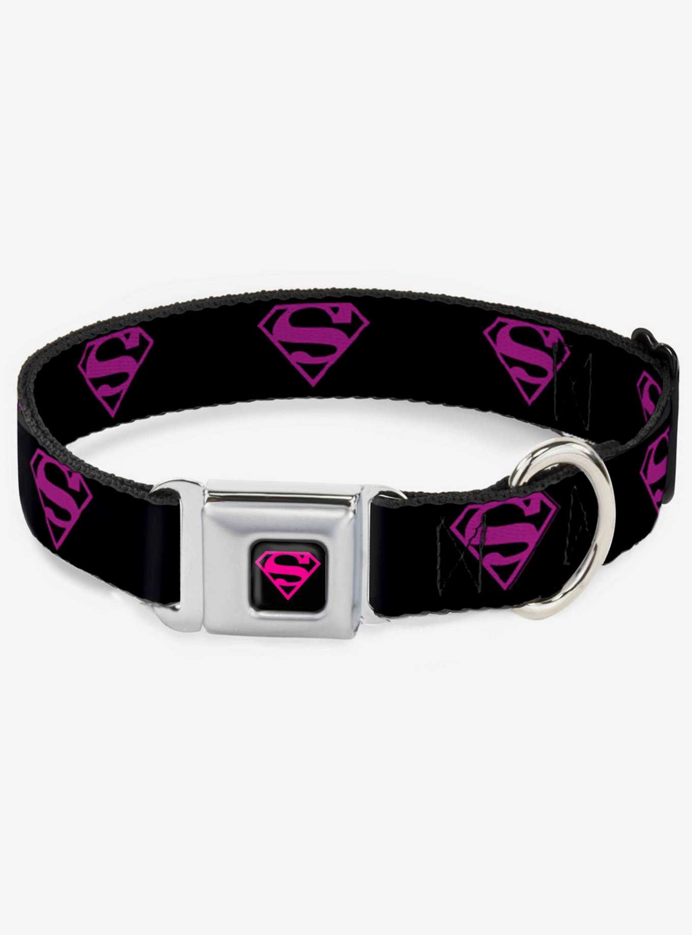 DC Comics Justice League Superman Shield Black Hot Pink Seatbelt Buckle Dog Collar, , hi-res