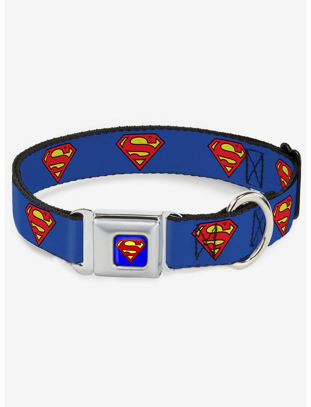 DC Comics Justice League Superman Shield Blue Seatbelt Buckle Dog Collar, BLUE, hi-res