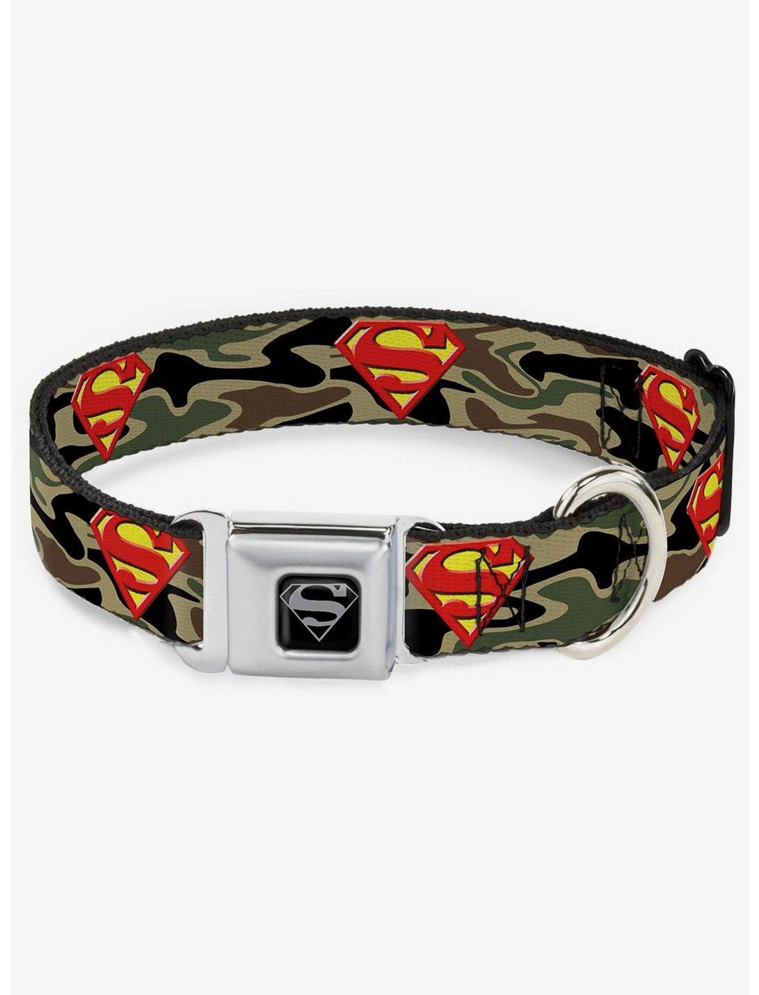 DC Comics Justice League Superman Shield Camo Olive Seatbelt Buckle Dog Collar, OLIVE, hi-res
