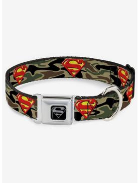 DC Comics Justice League Superman Shield Camo Olive Seatbelt Buckle Dog Collar, , hi-res