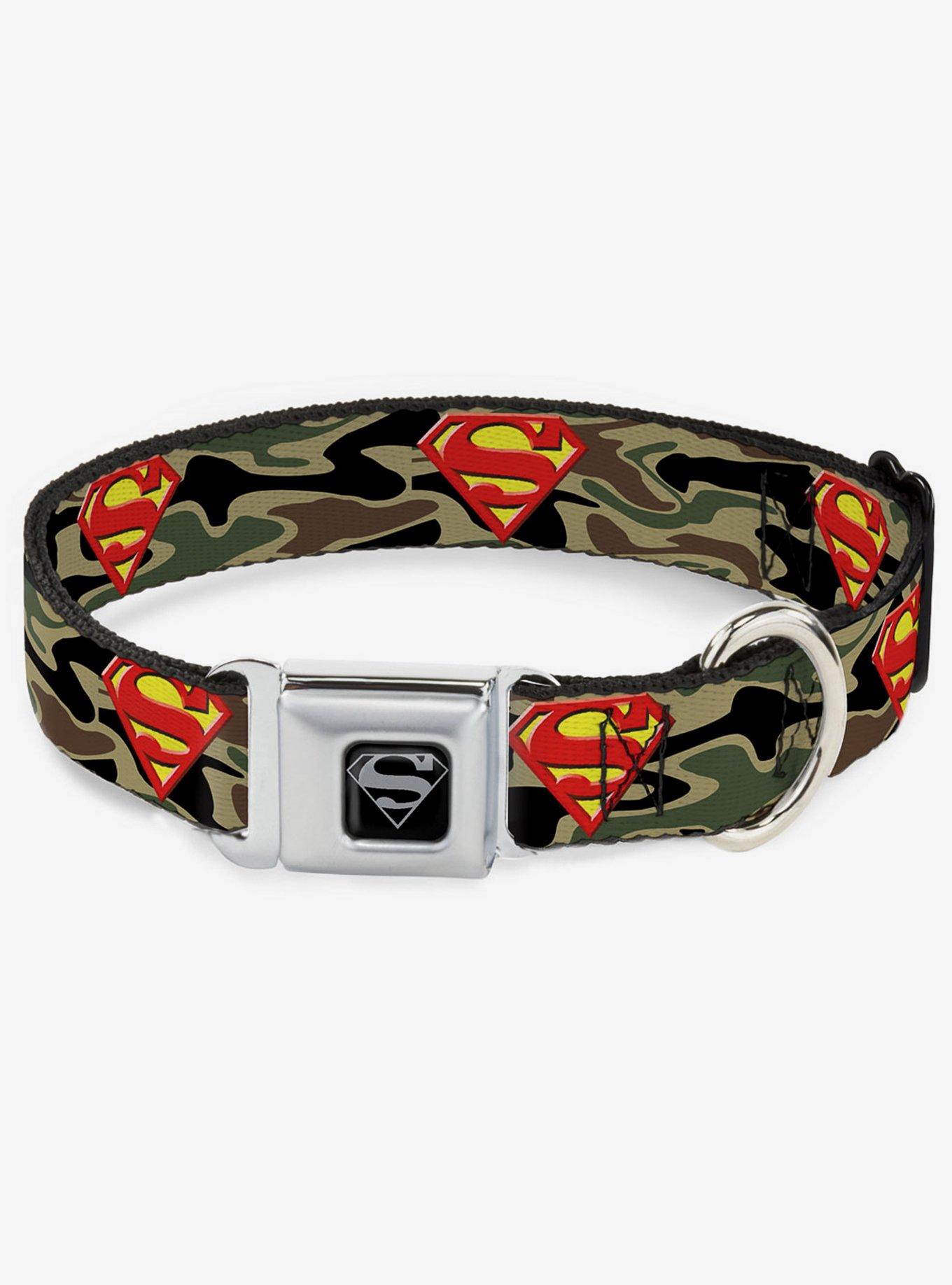 DC Comics Justice League Superman Shield Camo Olive Seatbelt Buckle Dog Collar, OLIVE, hi-res