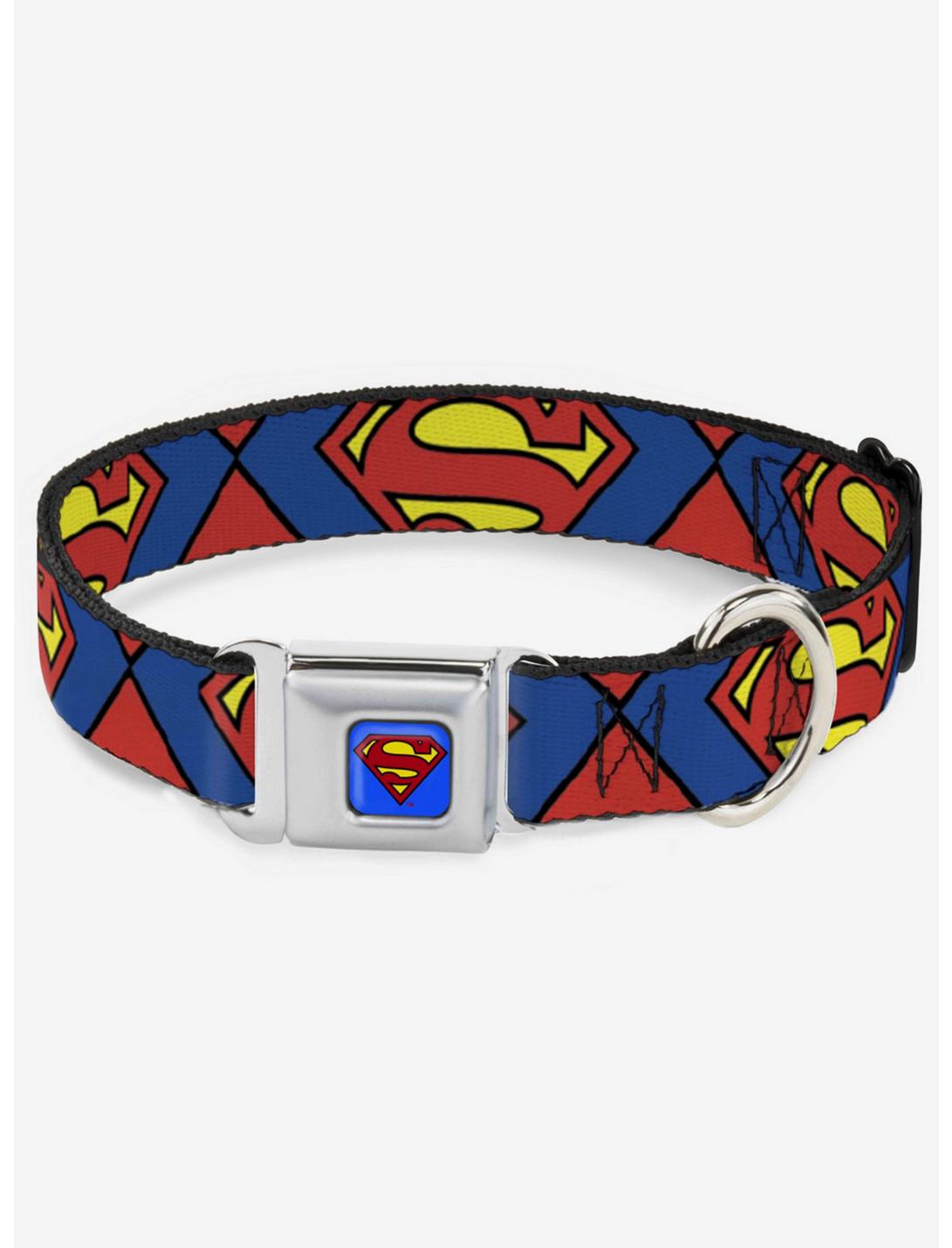 DC Comics Justice League Superman Shield Close Up Blue Red Yellow Seatbelt Buckle Dog Collar, BLUE, hi-res