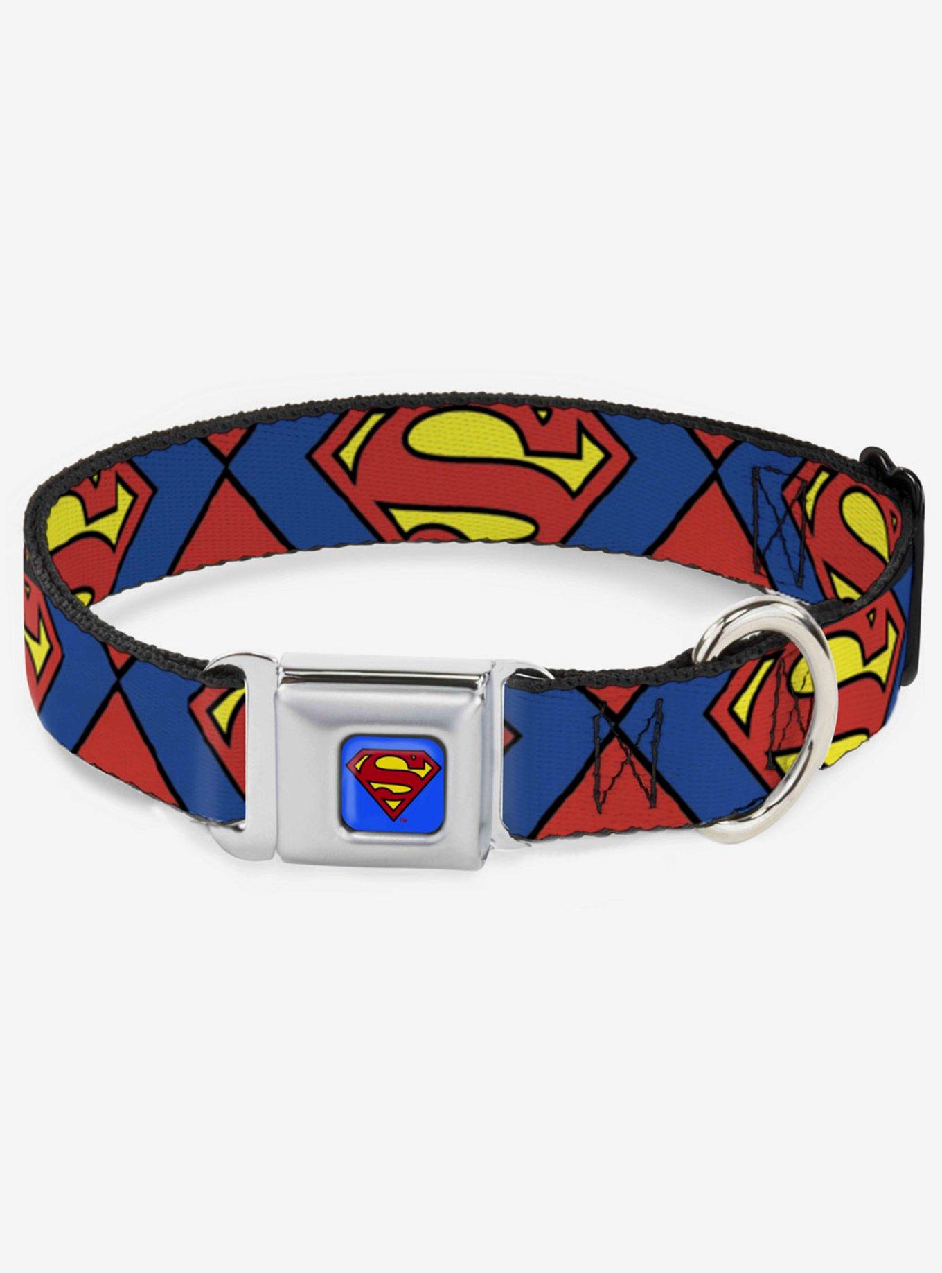 DC Comics Justice League Superman Shield Close Up Blue Red Yellow Seatbelt Buckle Dog Collar, BLUE, hi-res