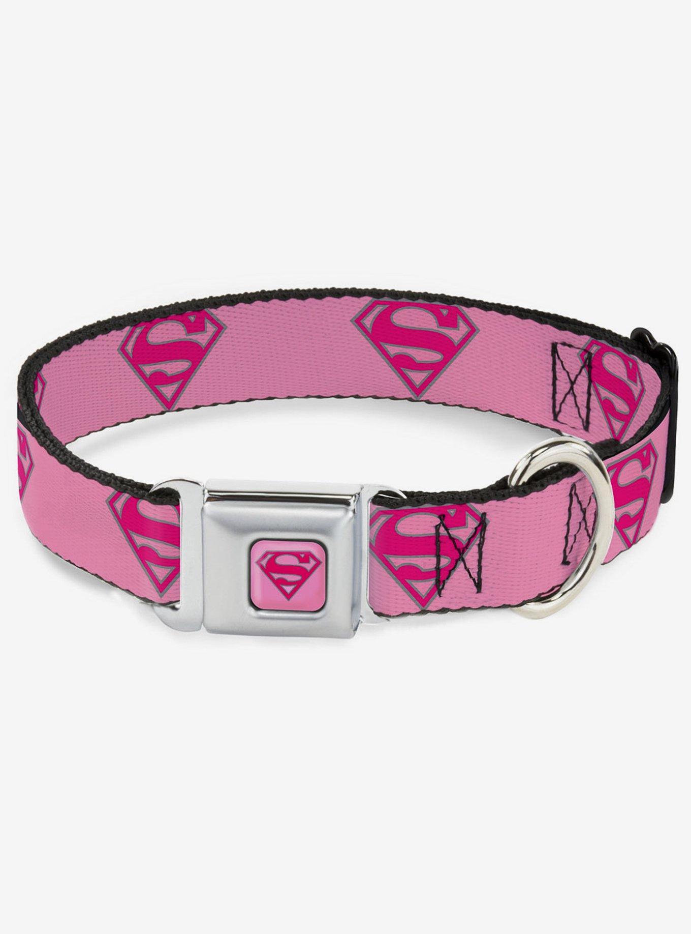 DC Comics Justice League Superman Shield Pink Seatbelt Buckle Dog Collar, PINK, hi-res