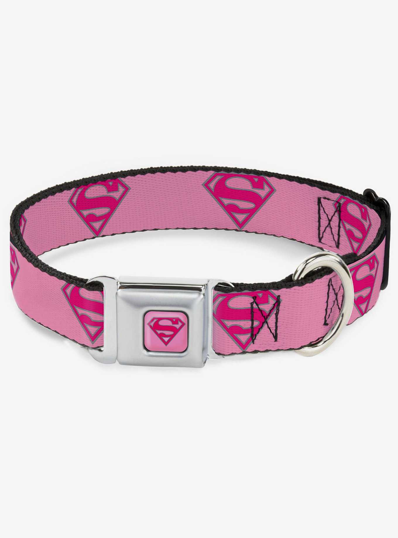 DC Comics Justice League Superman Shield Pink Seatbelt Buckle Dog Collar, , hi-res