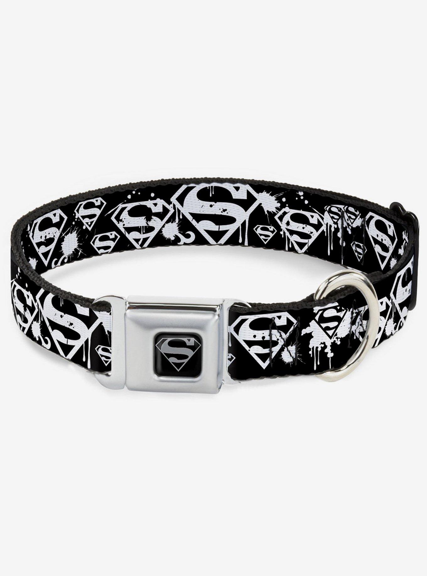 DC Comics Justice League Superman Shield Splatter Seatbelt Buckle Dog Collar, BLACK, hi-res