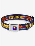 DC Comics Justice League Superman Shield Stripe Blue Yellow Red Seatbelt Buckle Dog Collar, BLUE, hi-res