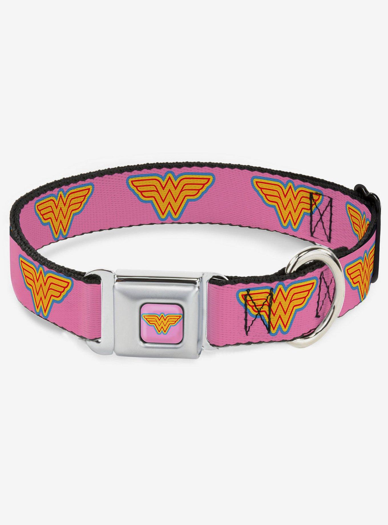 DC Comics Justice League Wonder Woman Logo Pink Blue Yellow Pink Seatbelt Buckle Dog Collar, PINK, hi-res