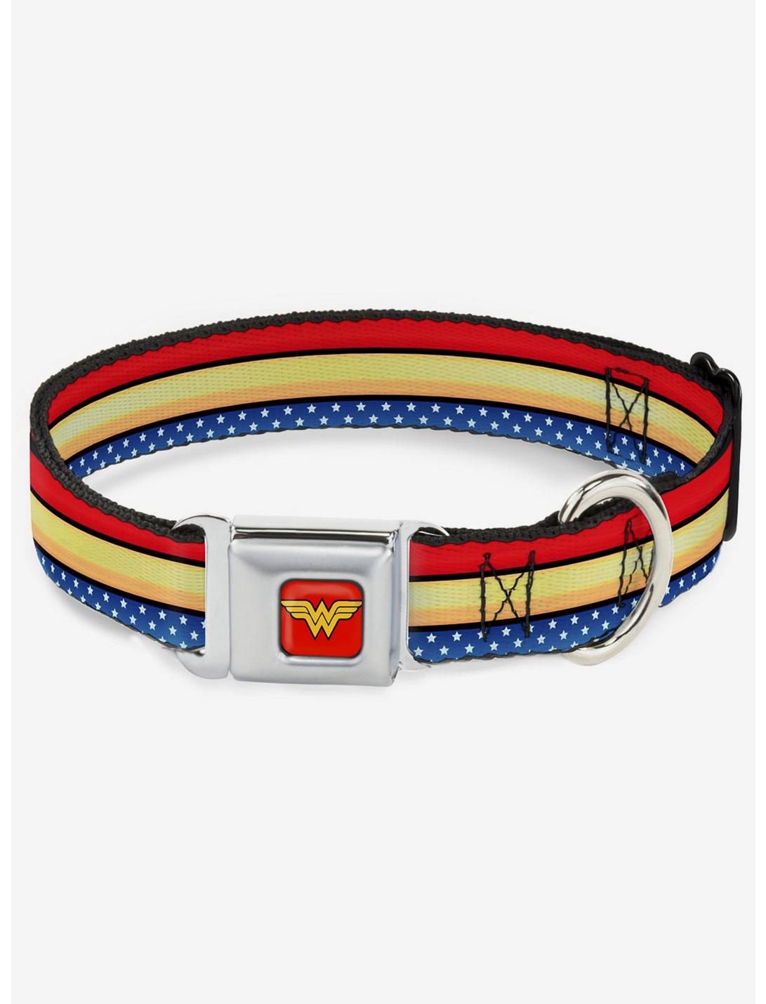 DC Comics Justice League Wonder Woman Stripe Stars Red Gold Blue White Seatbelt Buckle Dog Collar, RED, hi-res