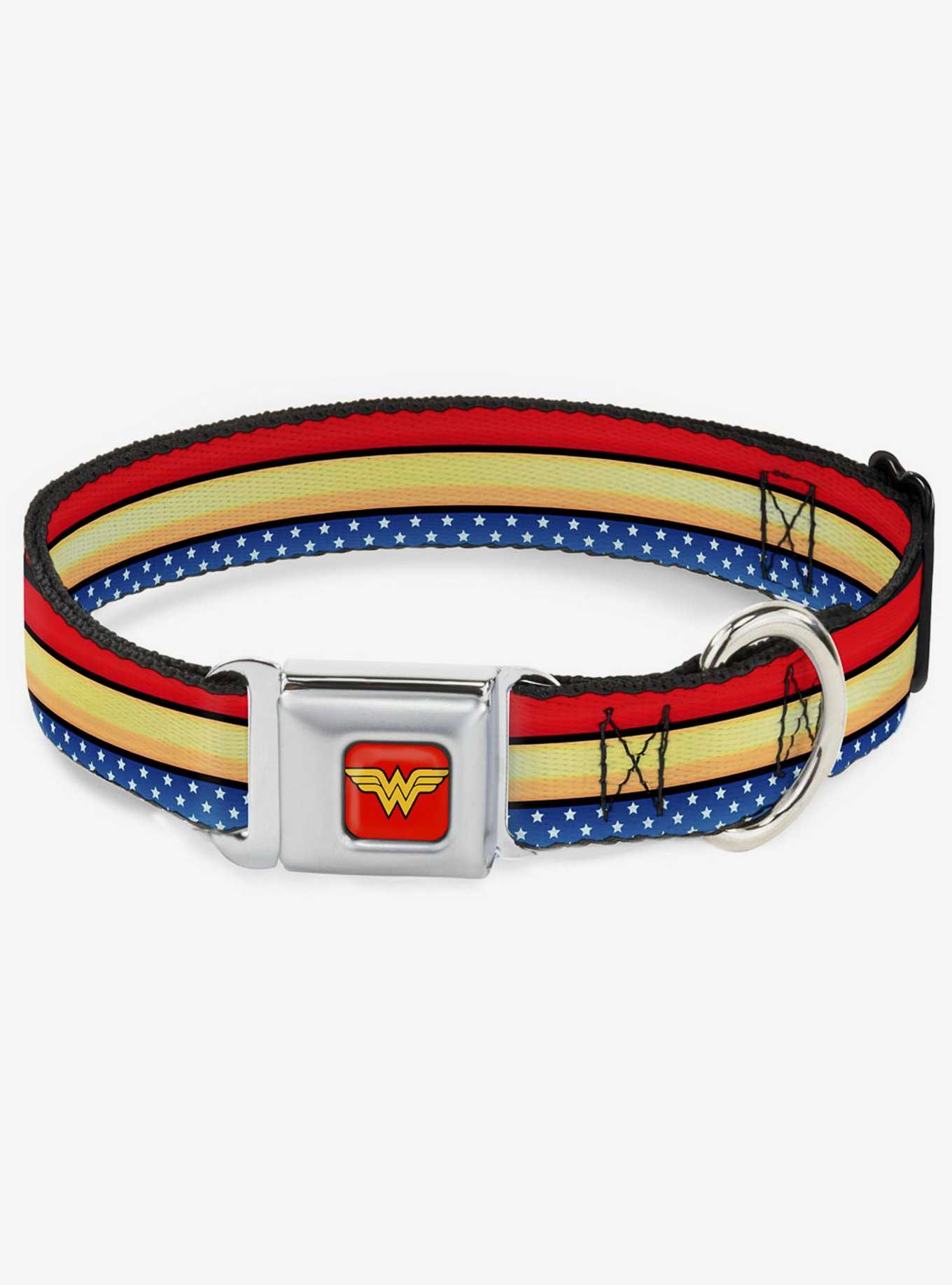 DC Comics Justice League Wonder Woman Stripe Stars Red Gold Blue White Seatbelt Buckle Dog Collar, , hi-res