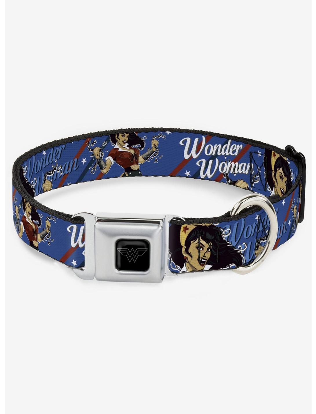 DC Comics Justice League Wonder Woman Bombshell Seatbelt Buckle Dog Collar, BLUE, hi-res