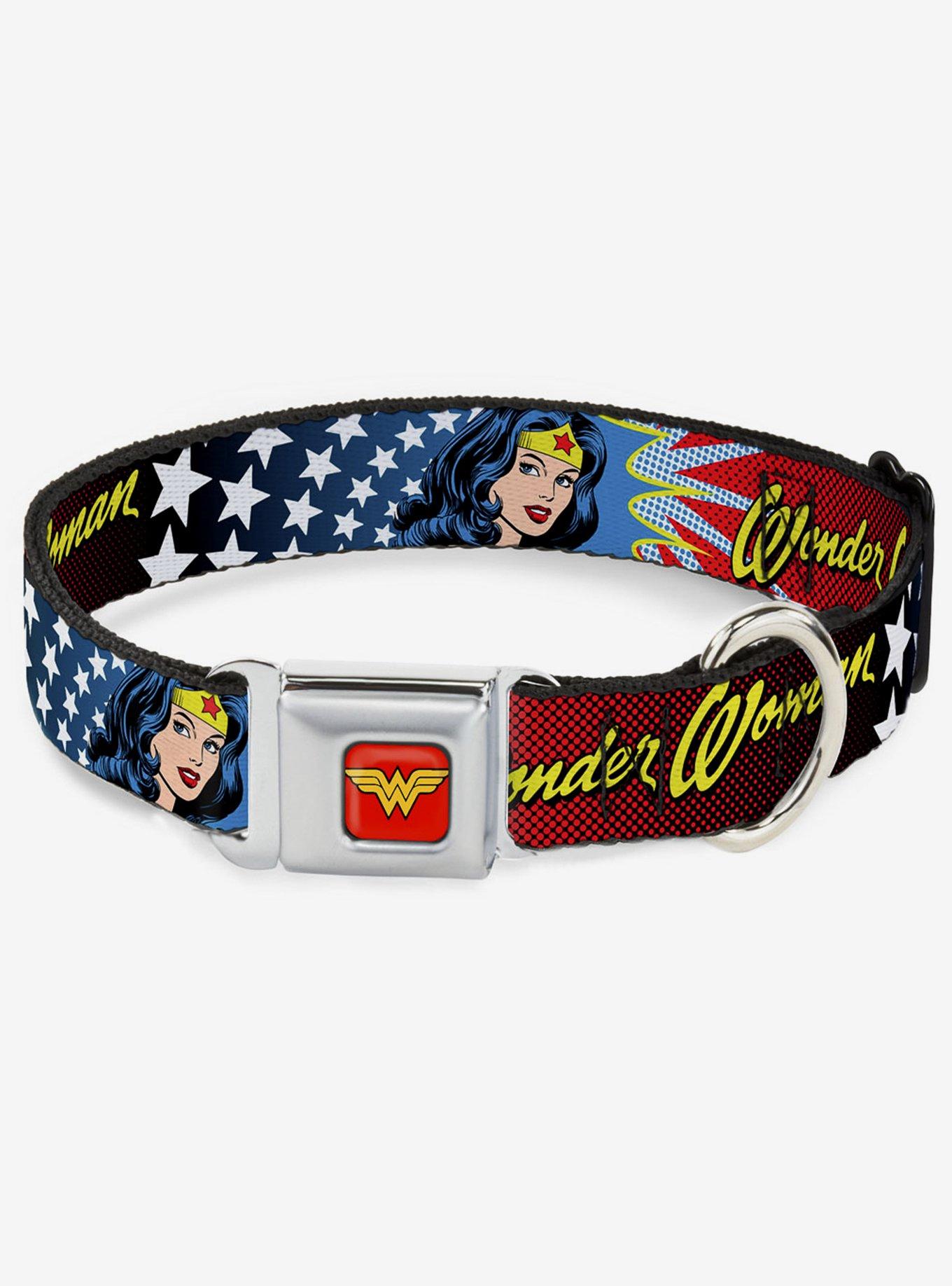 DC Comics Justice League Wonder Woman Face Stars Seatbelt Buckle Dog Collar, MULTICOLOR, hi-res