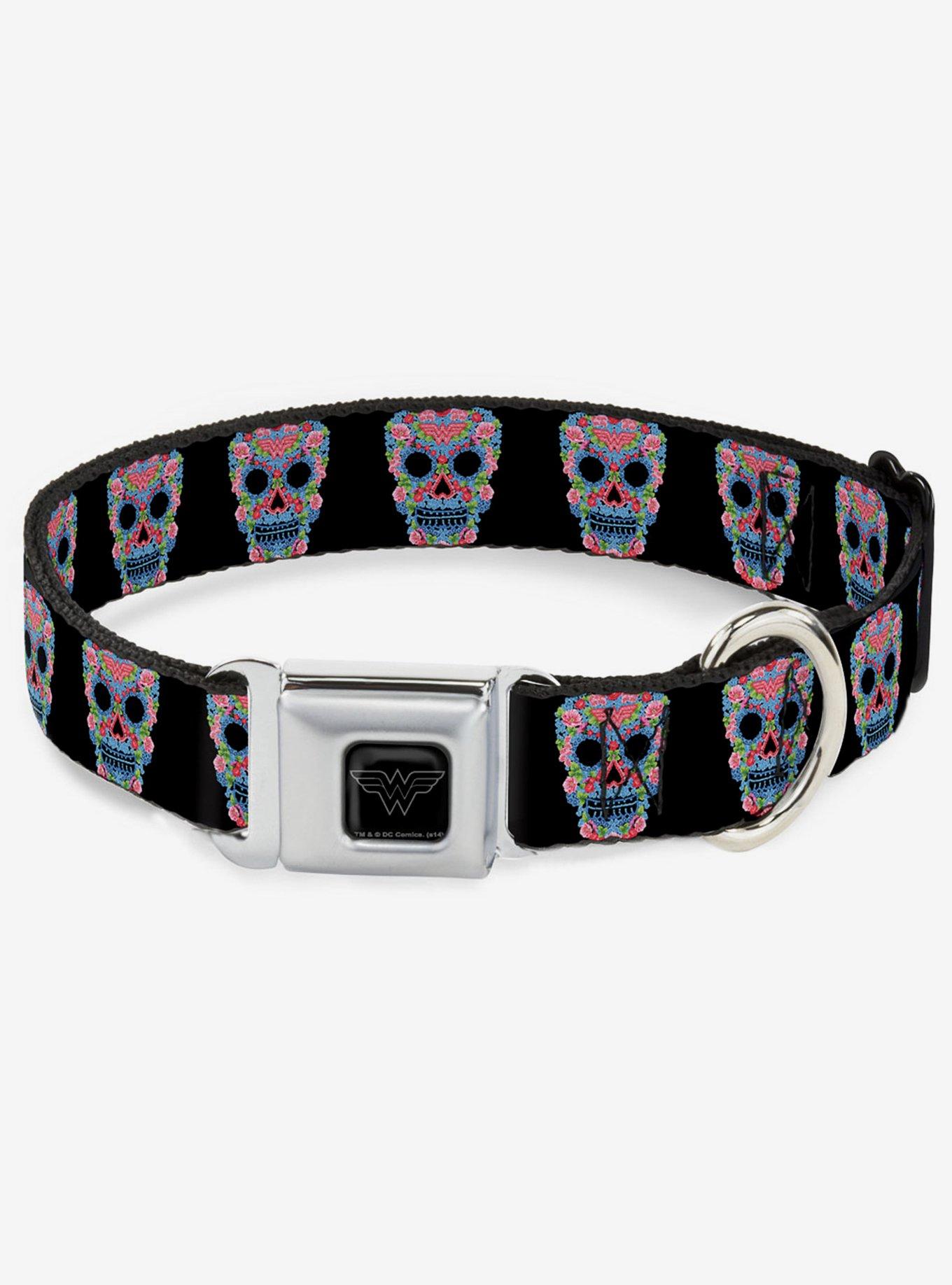 DC Comics Justice League Wonder Woman Floral Skull Seatbelt Buckle Dog Collar, , hi-res