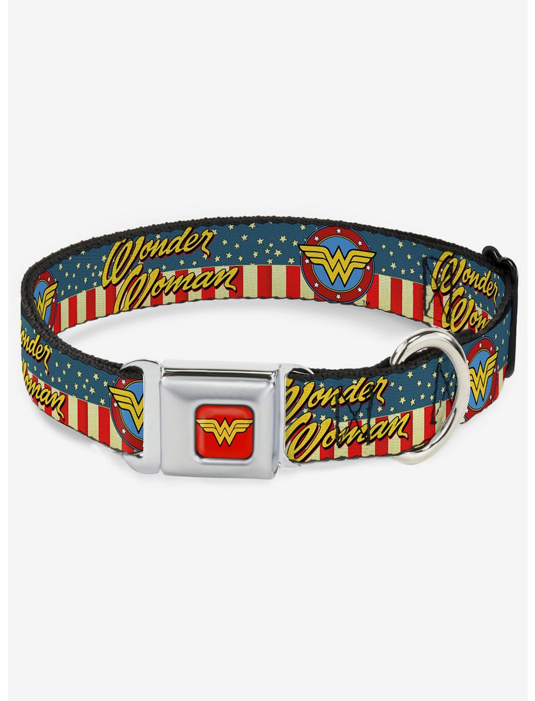 DC Comics Justice League Wonder Woman Logo Americana Seatbelt Buckle Dog Collar, RED, hi-res